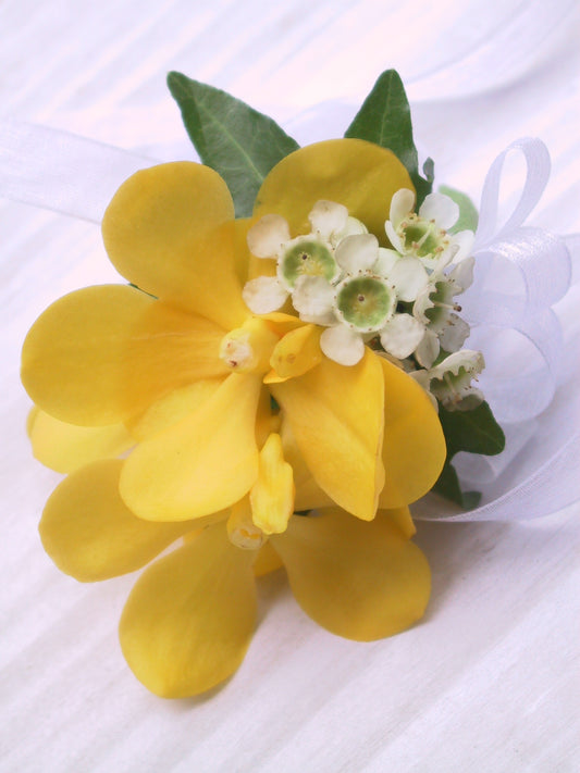 Yellow & white theme wrist corsage