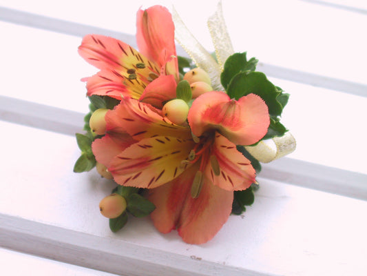 Orange & peach theme wrist corsage