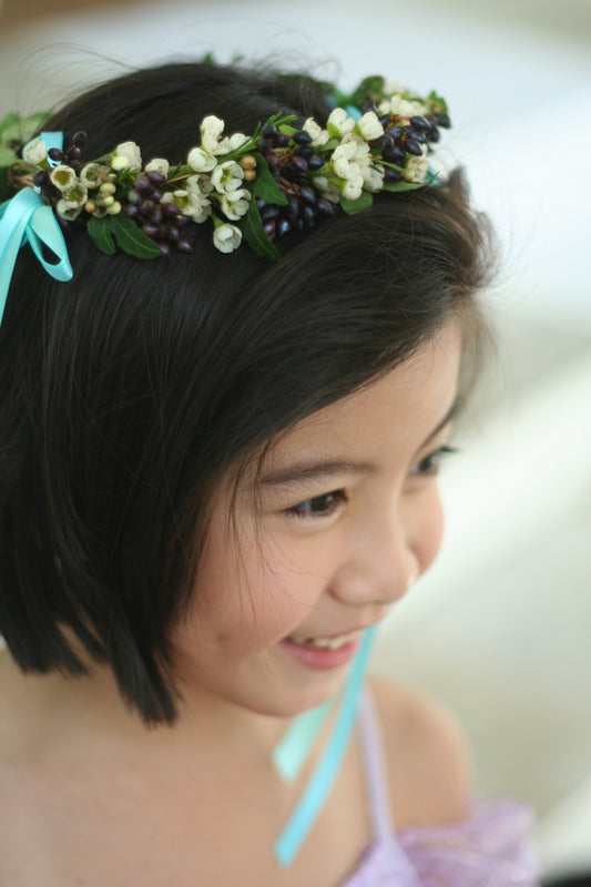 Hair tiara with white wax flowers, berries with tiffany blue ribbons